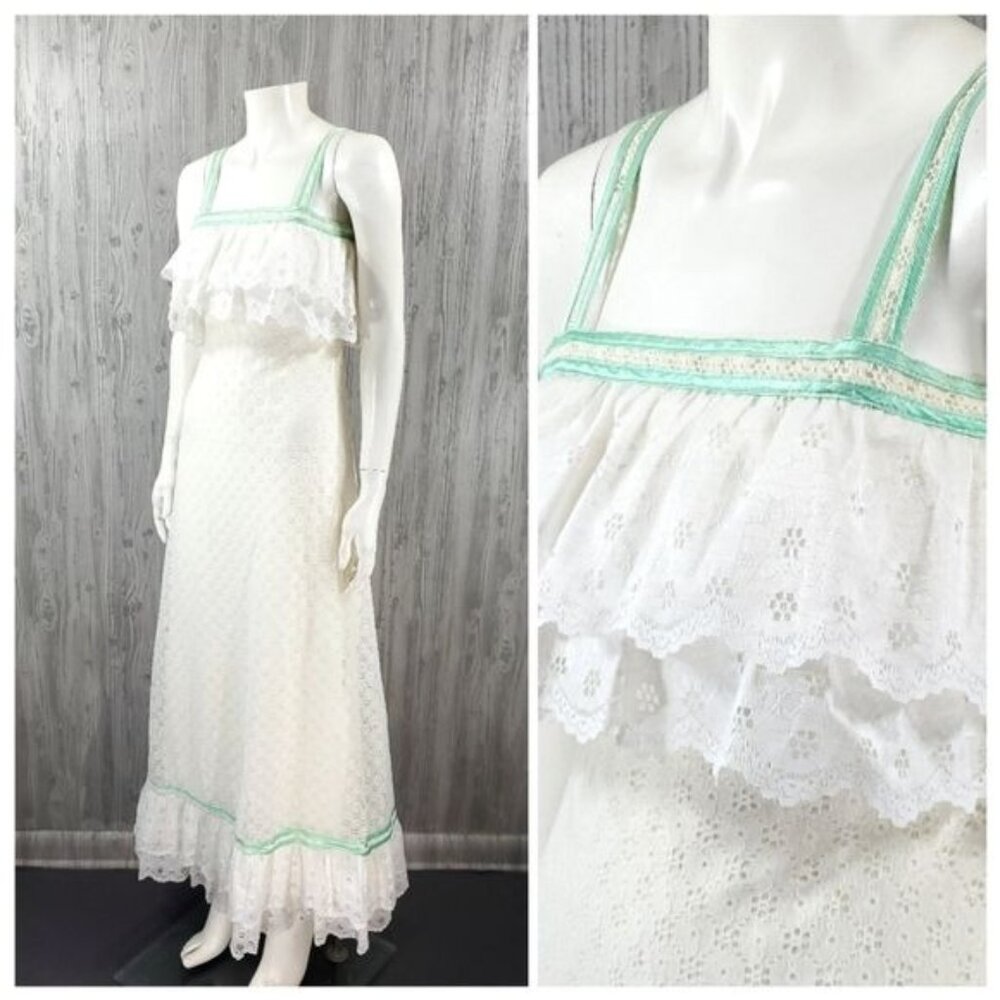 70's Vintage Boho White Maxi Dress Ruffle Bridal Party Bohemian